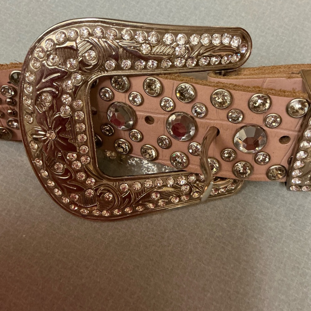 Studded Pink Belt with Rhinestone Buckle - Picture 2 of 7